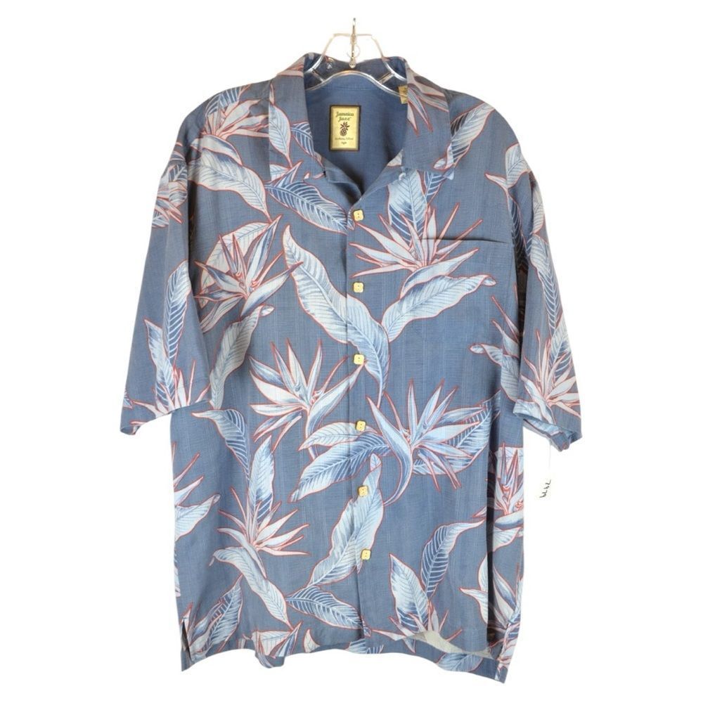 JAMAICA JAXX Men's Woven Silk Hawaiian Camp Shirt Wood Buttons Blue Gray Sx XXL